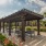 outdoor seating with shaded wooden structures